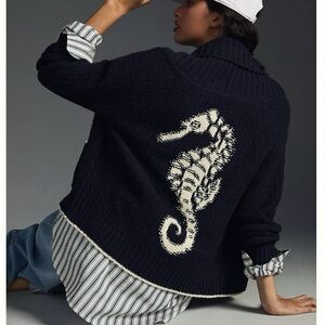 Anthropologie Maeve Navy Seahorse Sweater cardigan